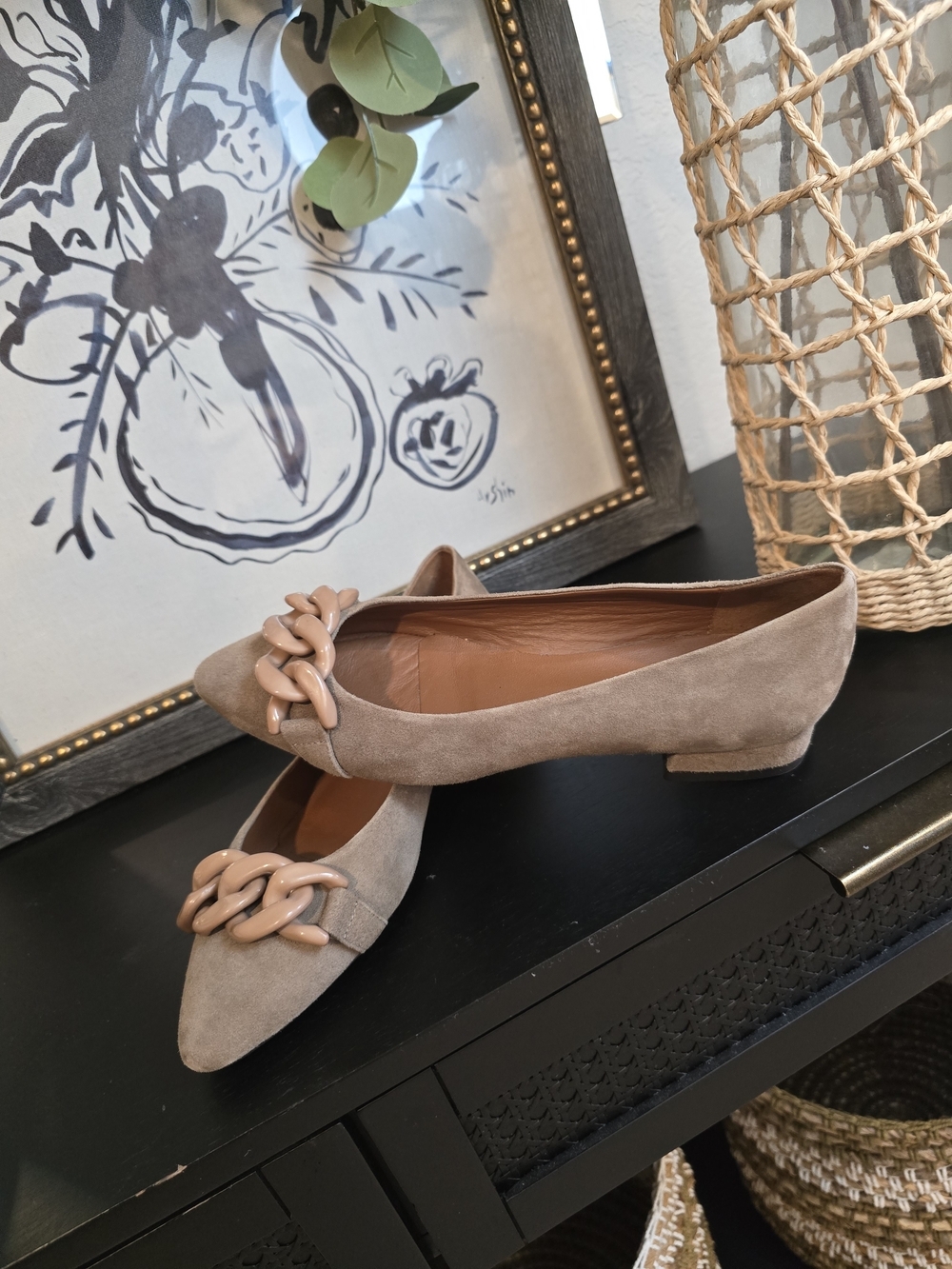 Aquatalia Taupe Suede Pointed-Toe Chain-Accent Flats